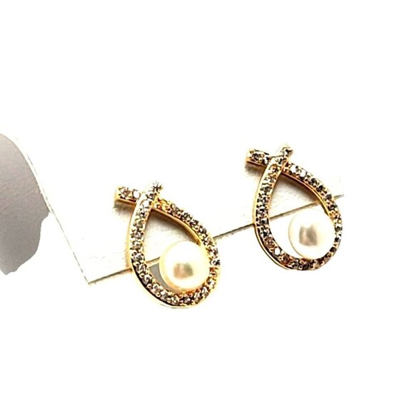 Natural Pearl 18K Gold Plated Rhinestone Stud Post Earrings - Picture 1 of 5